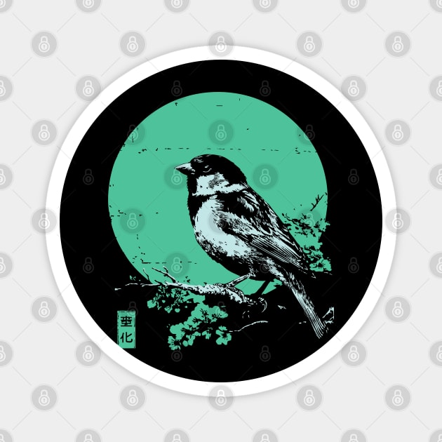 Charming Sparrow Bird Japanese Art | Green Tree Ukiyo-e Style Magnet by TuncGK